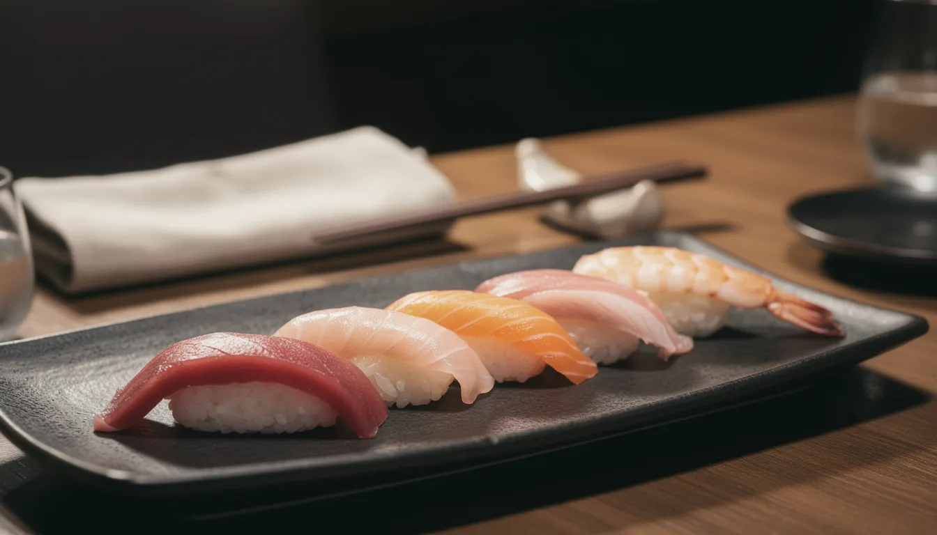 A row of pressed nigiri sushi on a dark ceramic plate, lit softly from one side