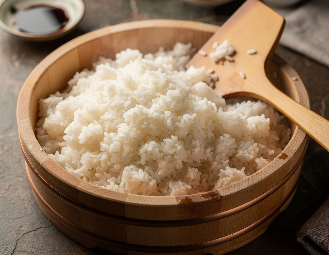 A wooden tub of sushi rice with a rice paddle beside it, seen from above on a dark counter