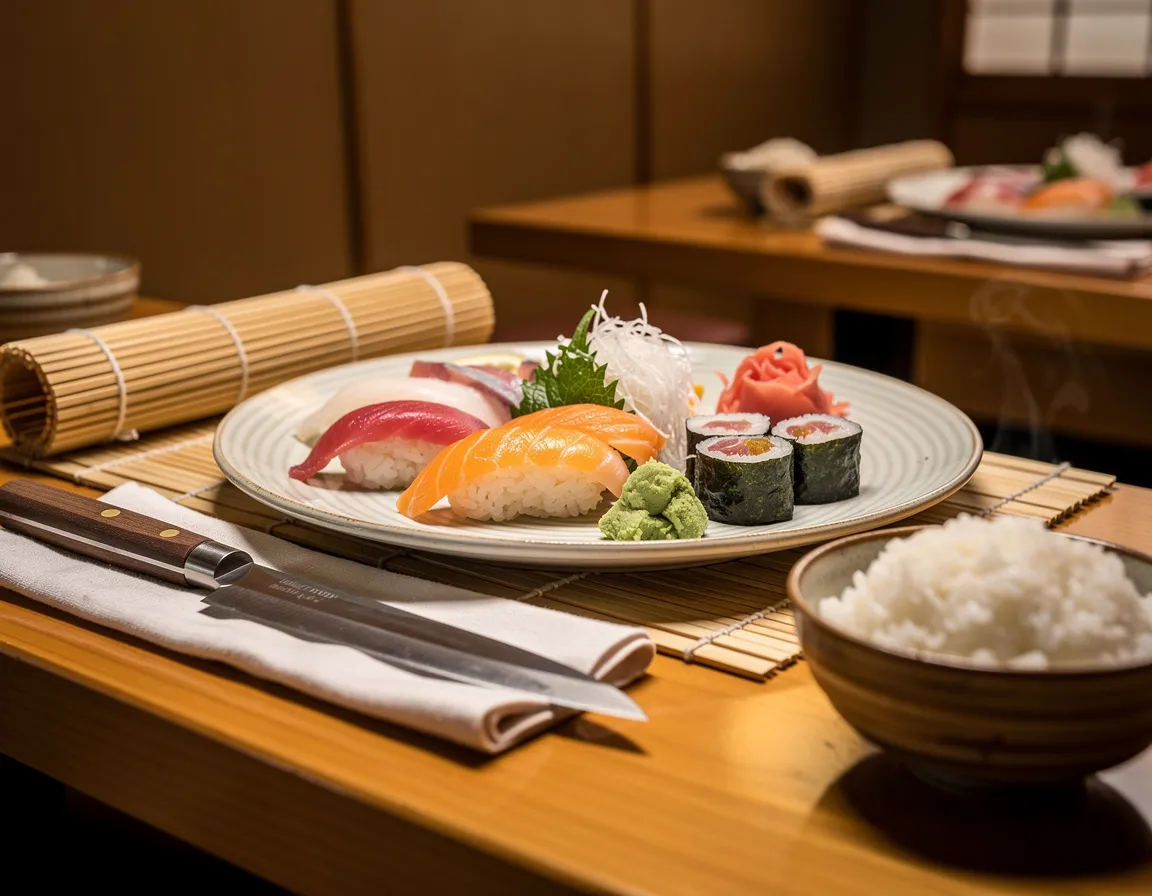 A wooden sushi counter with a bamboo mat, a knife on a cloth and a bowl of seasoned rice, lit by warm low light