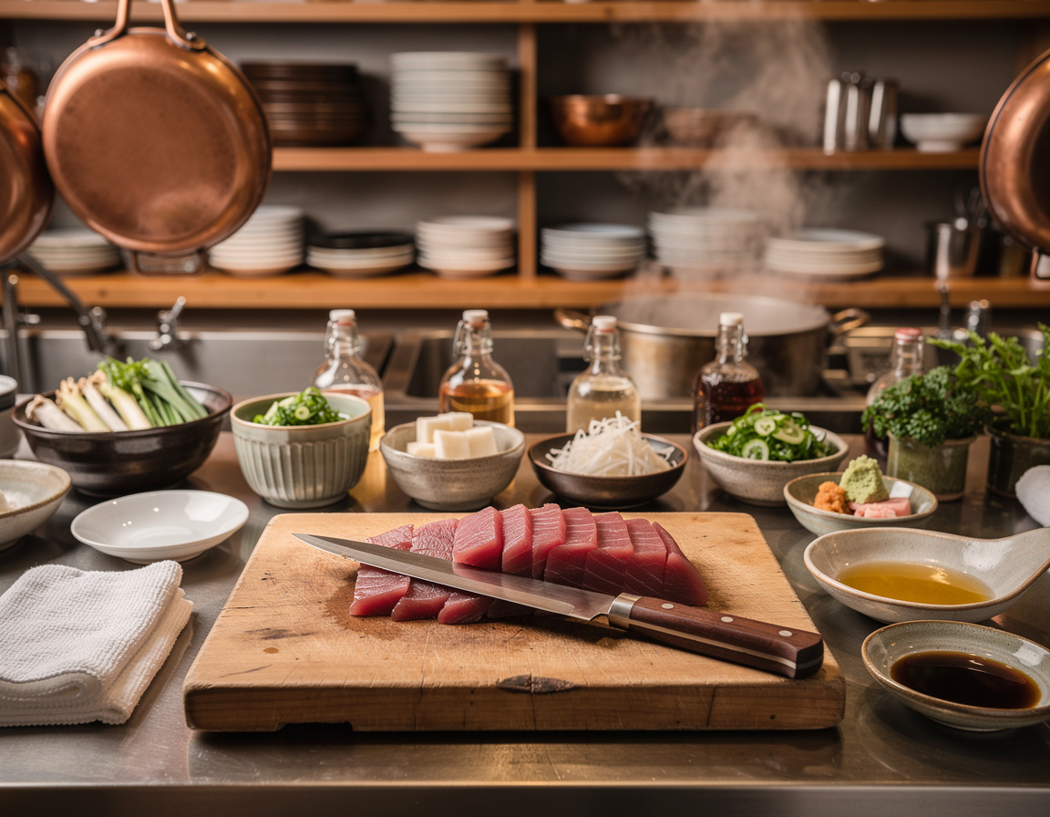 A cook's knife resting beside sliced raw tuna on a wooden cutting board under soft light