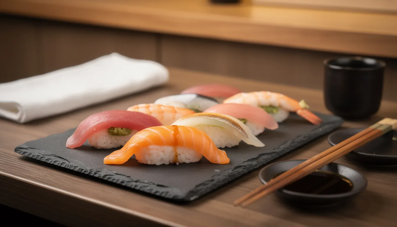 A close arrangement of nigiri sushi on a dark slate plate, lit softly from above
