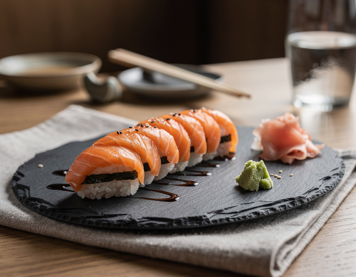A salmon roll cut into eight pieces on a slate plate, with pickled ginger on the side