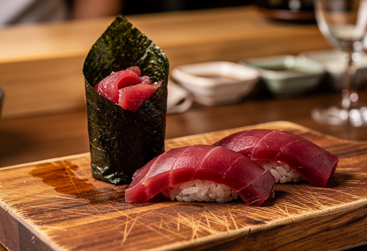 A tuna hand roll wrapped in nori standing upright on a wooden board with sliced tuna beside it