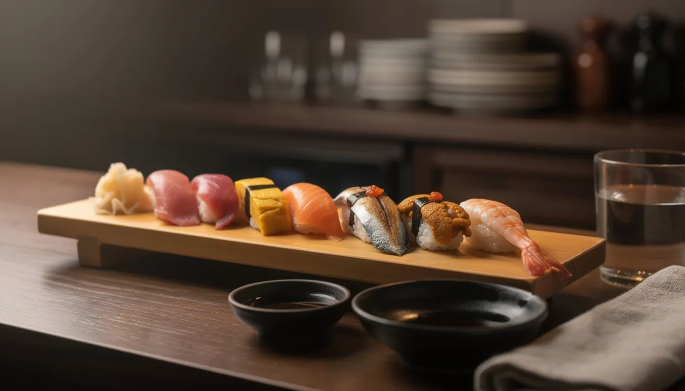 A long wooden board of assorted nigiri sushi, lit warmly from one side on a dark counter