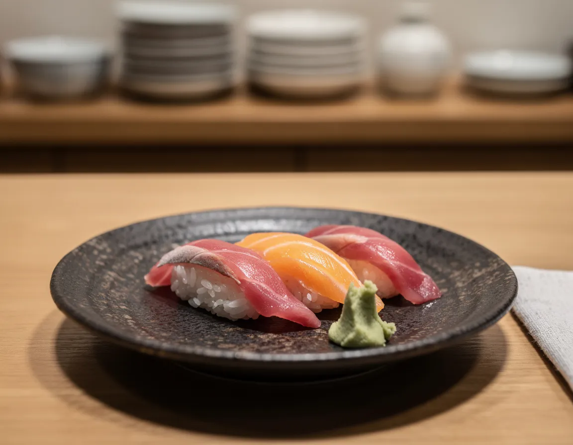 Four pieces of salmon and tuna nigiri on a dark ceramic plate with a small mound of wasabi