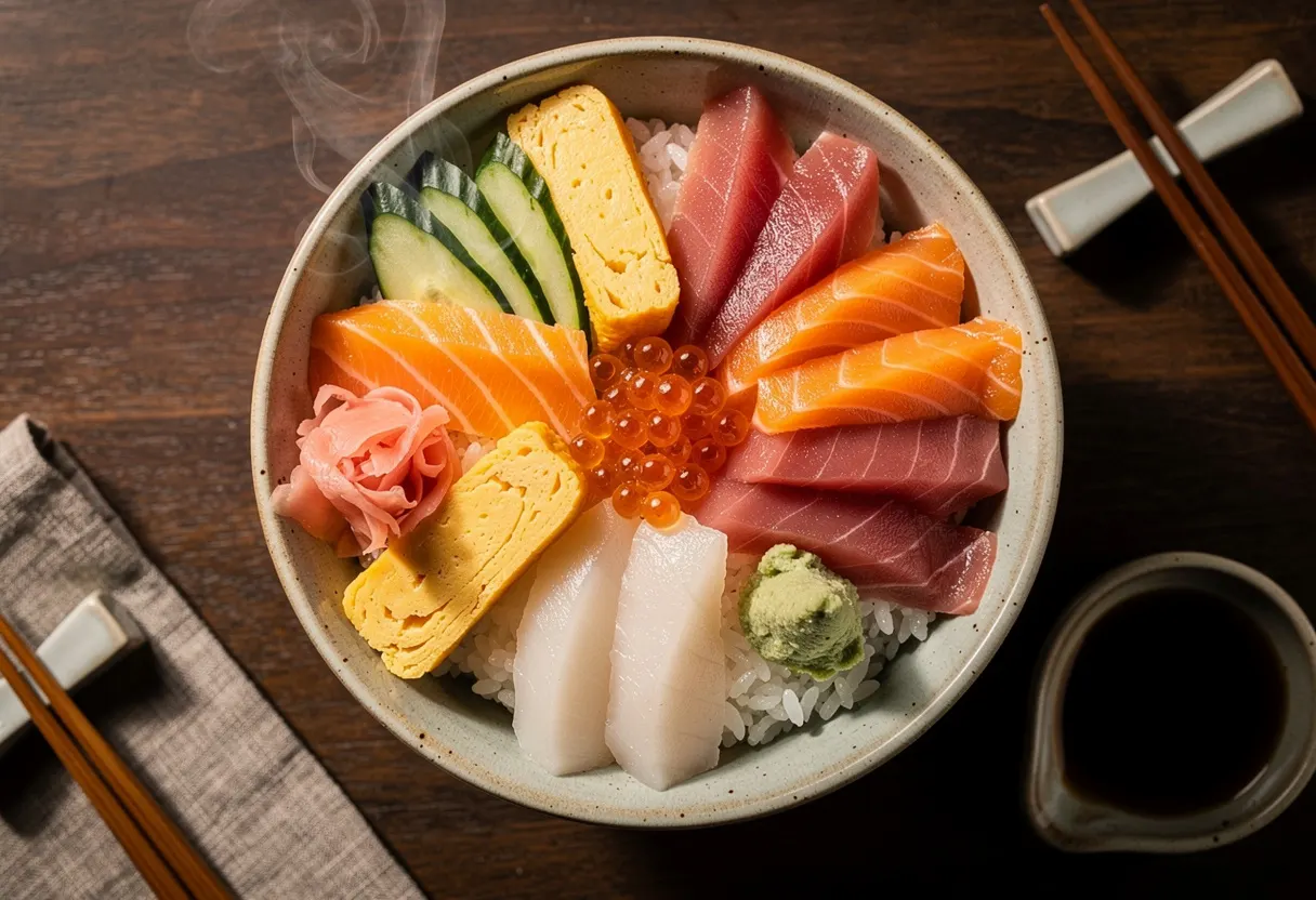 A chirashi bowl filled with sliced sashimi over white rice, seen from above on a dark table
