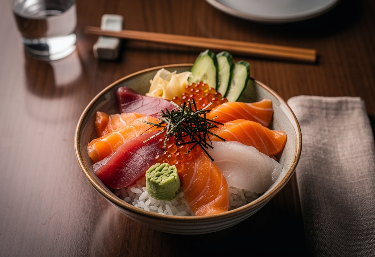 A chirashi bowl filled with sliced sashimi over white rice, seen from above on a dark table