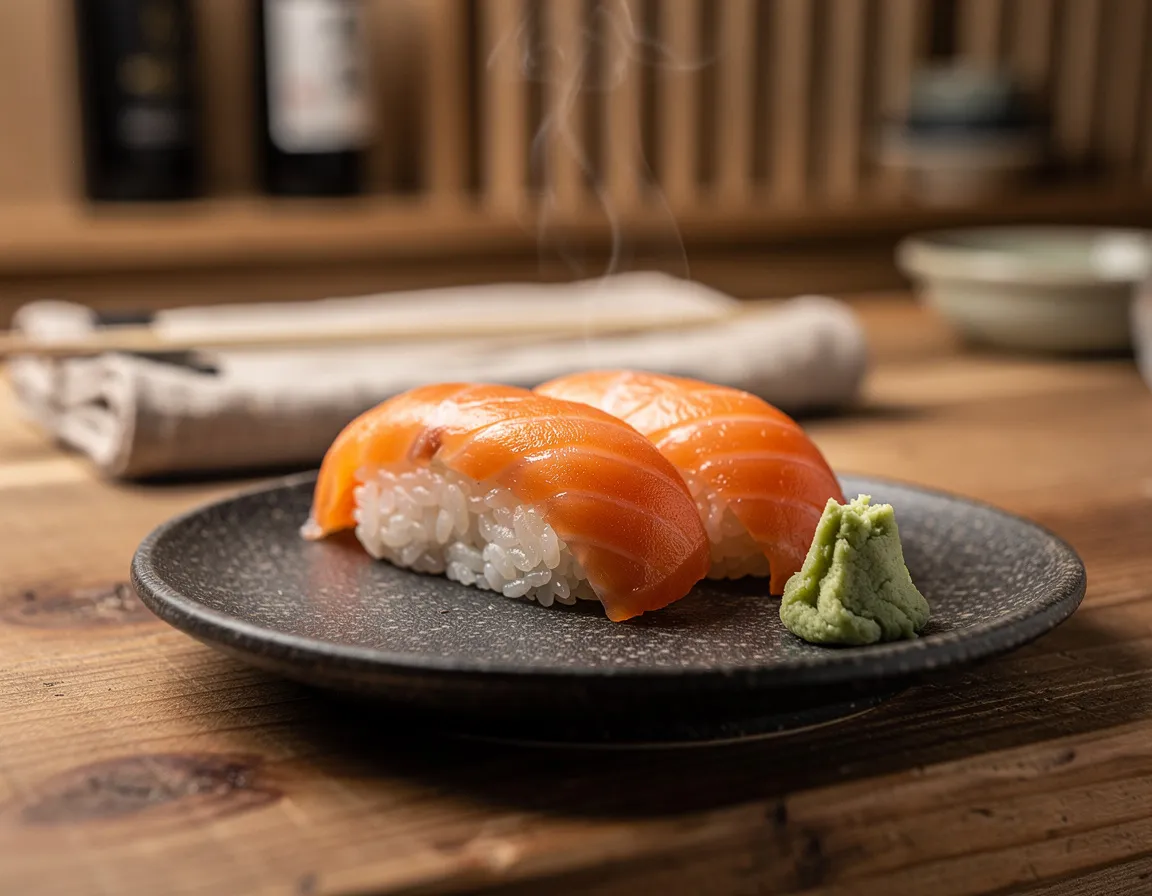 Two pieces of salmon nigiri on a small dark ceramic plate with a dab of wasabi