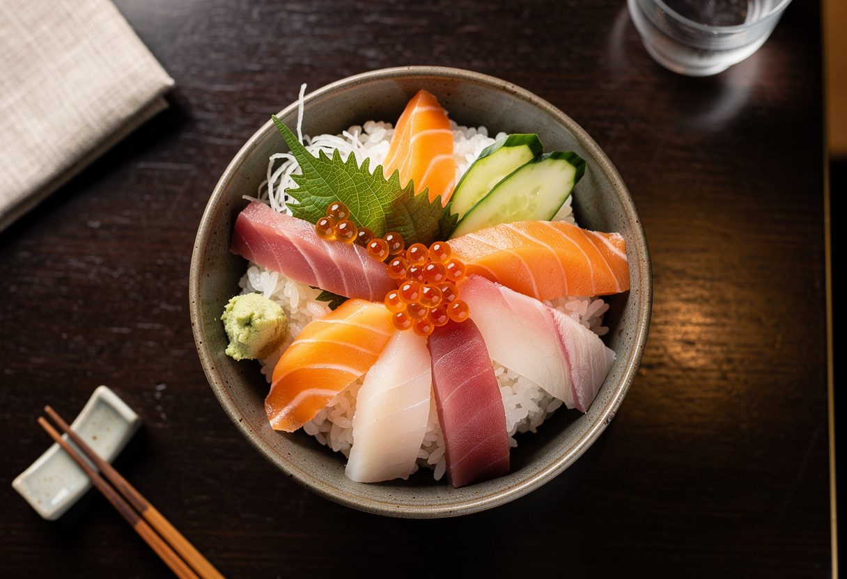A chirashi bowl filled with sliced sashimi over white rice, seen from above on a dark table