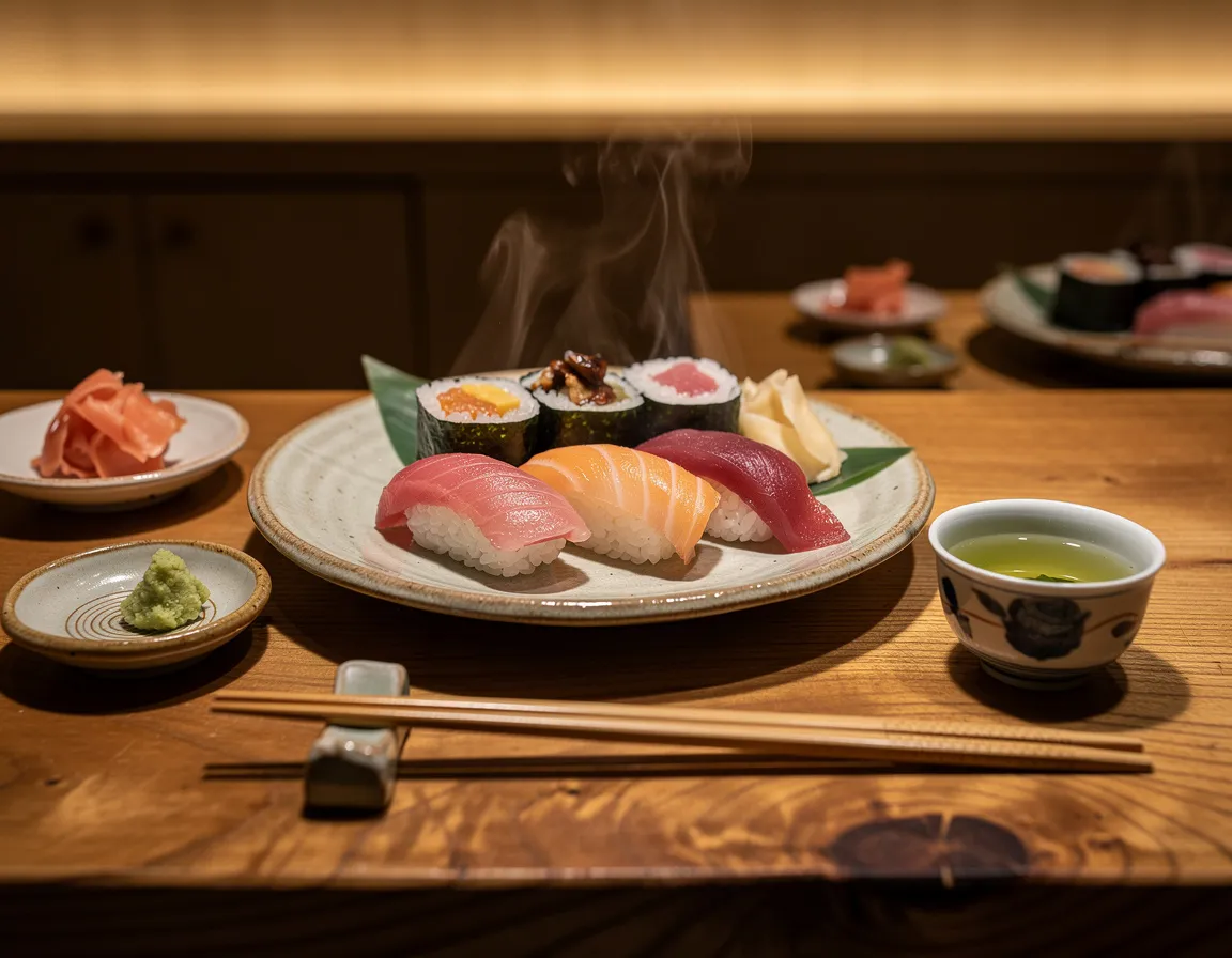 A wooden sushi counter laid with ceramic plates, chopsticks and a small tea cup, lit by warm low light