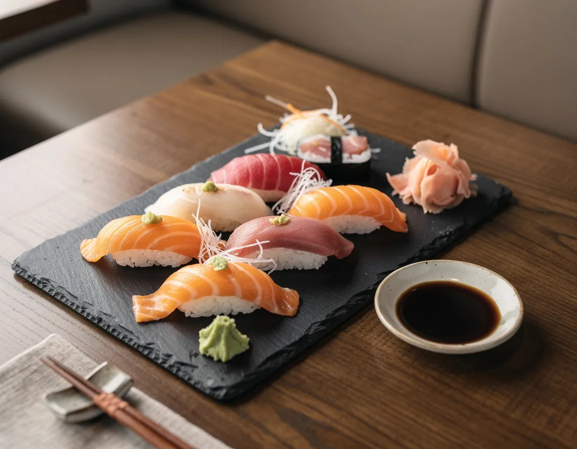 A selection of sushi on a slate board beside soy sauce and pickled ginger, shot from above