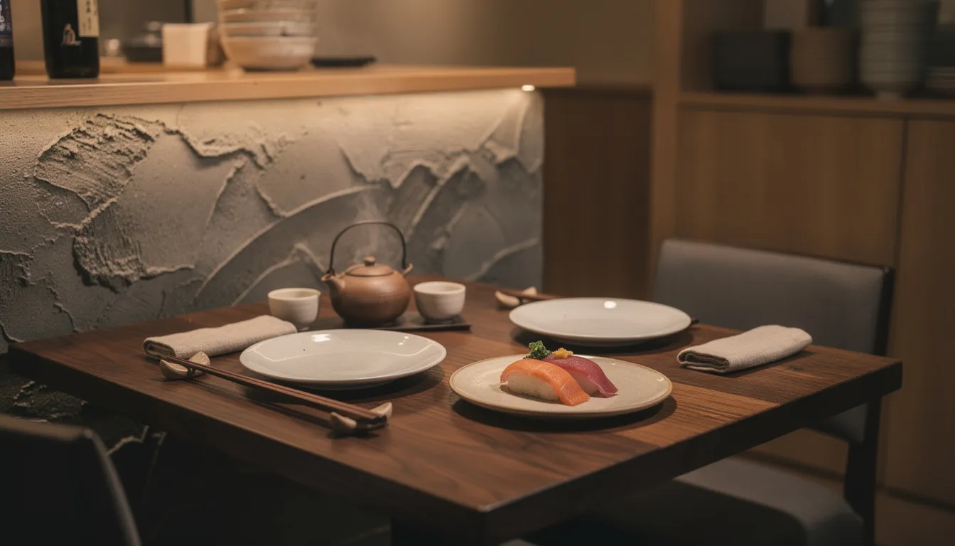 A laid table for two in a dark dining room, with ceramic plates, chopsticks and a small tea pot