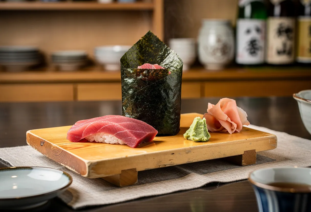 A tuna hand roll wrapped in nori standing upright on a wooden board with sliced tuna beside it
