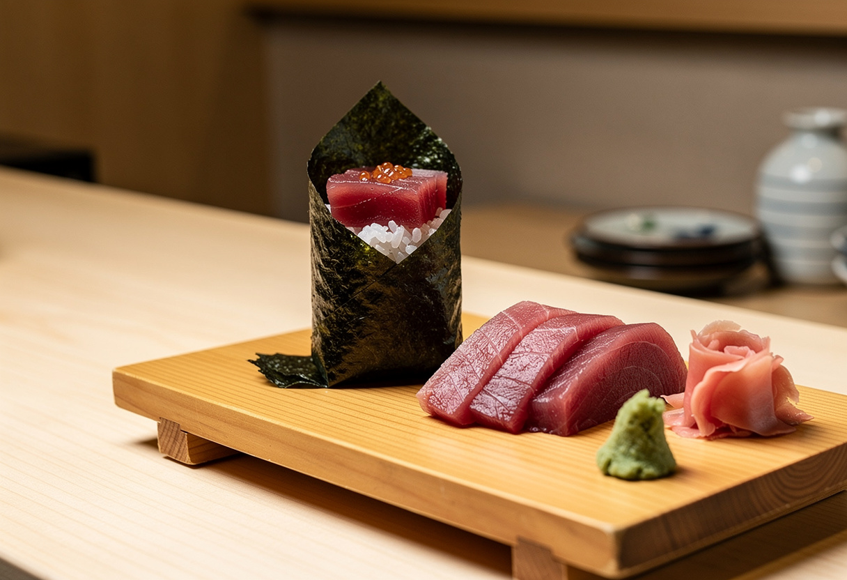 A tuna hand roll wrapped in nori standing upright on a wooden board with sliced tuna beside it