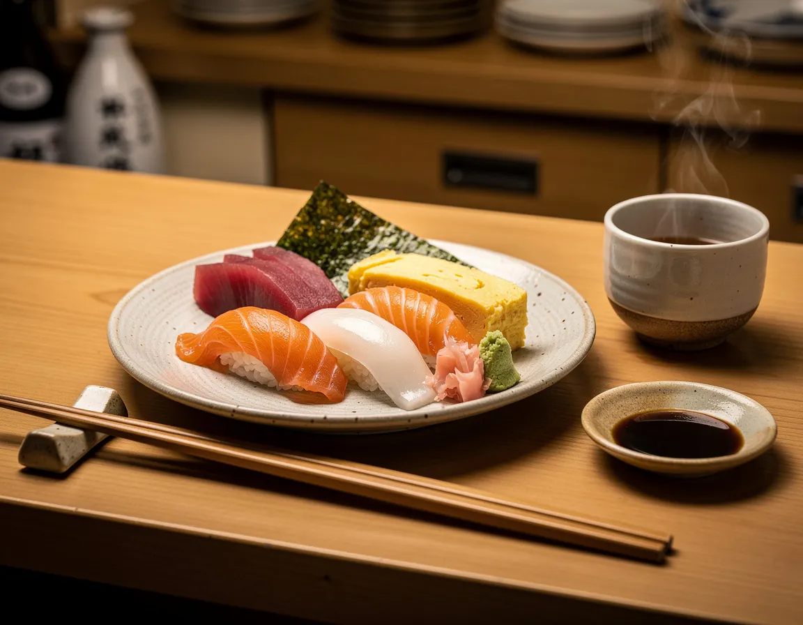 A wooden sushi counter laid with ceramic plates, chopsticks and a small tea cup, lit by warm low light