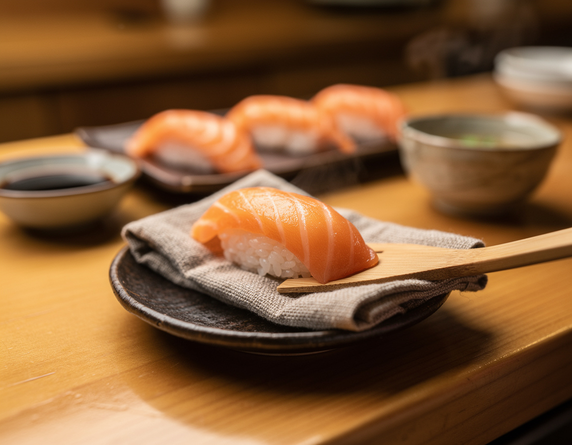 A hand pressing a piece of salmon nigiri into shape on a small dark plate
