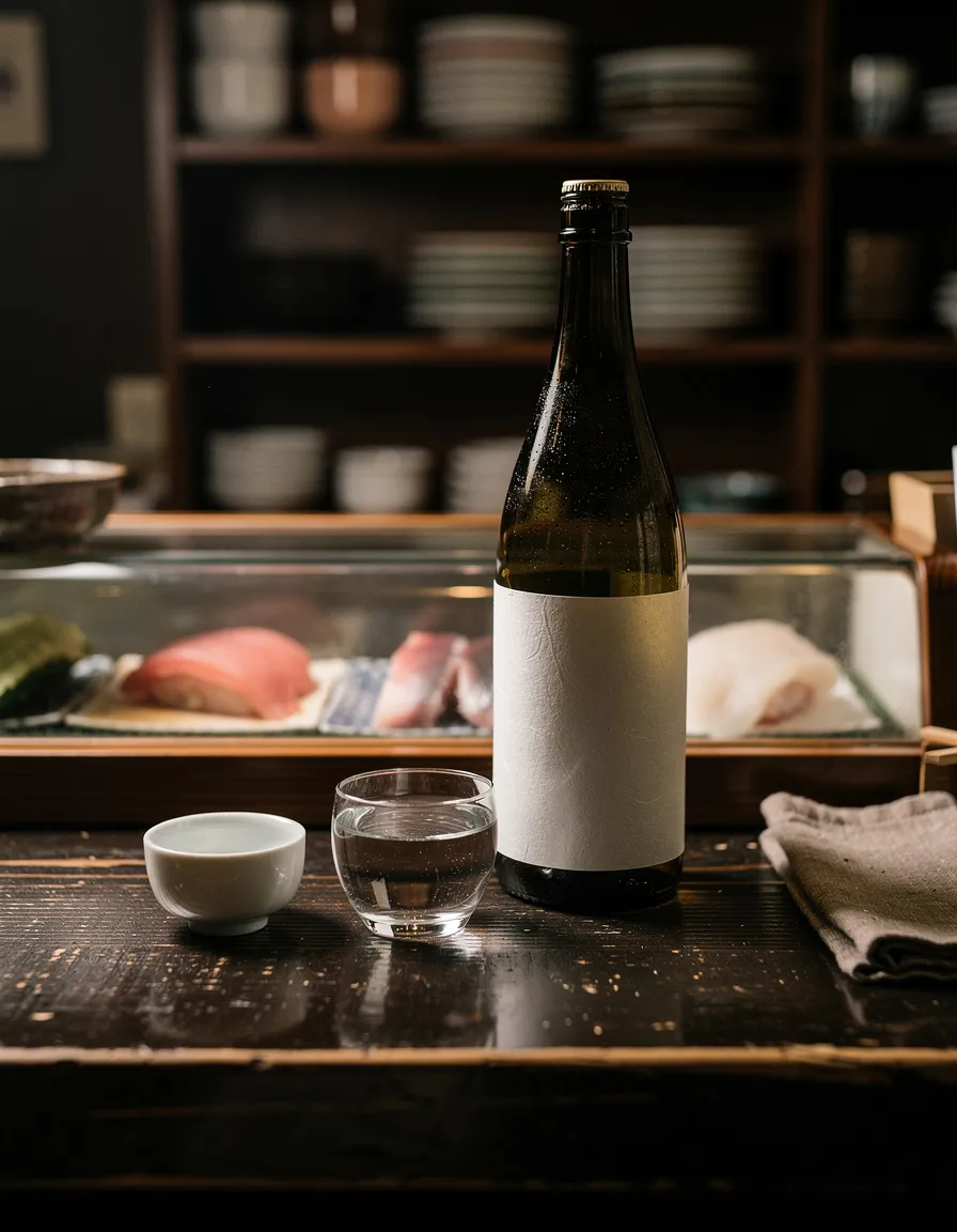 A bottle of sake and two small ceramic cups on a dark wooden bar top