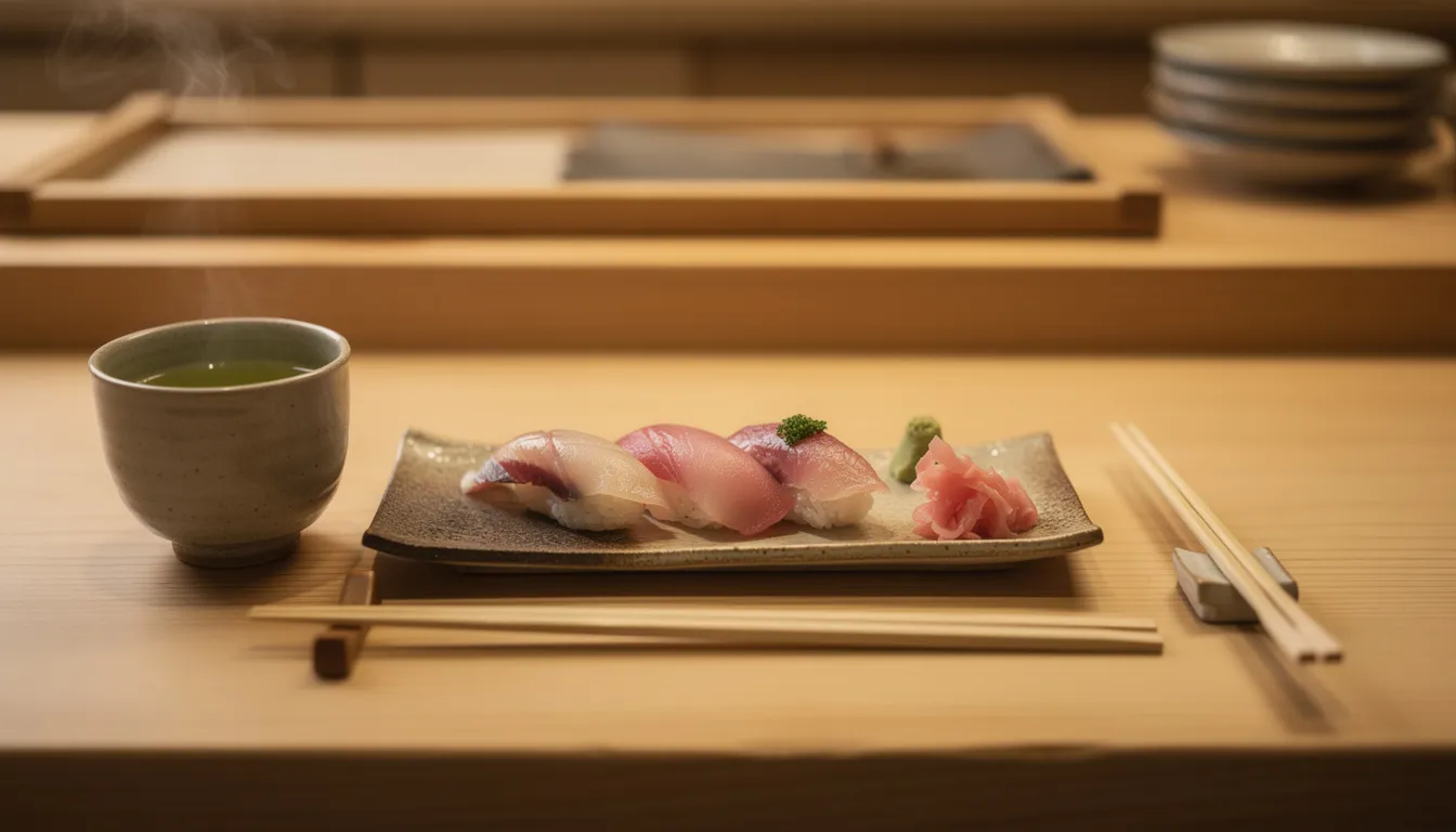 A wooden sushi counter set with ceramic plates, chopsticks and a steaming cup of green tea in low warm light