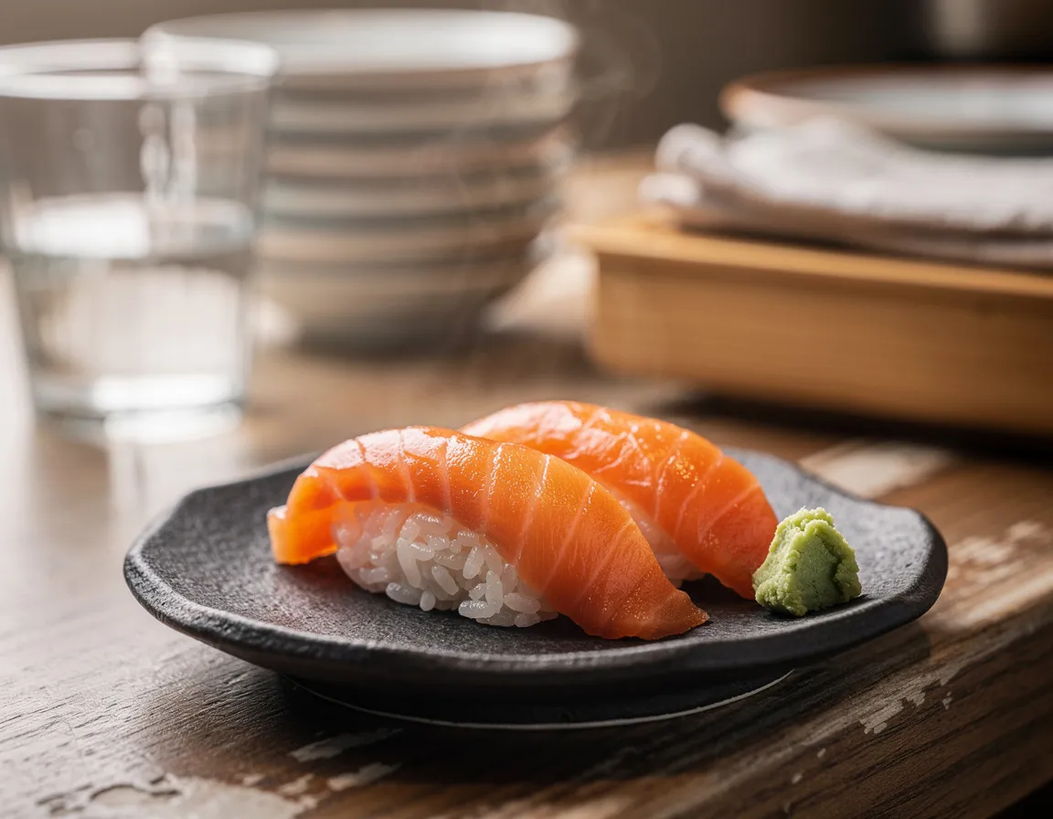 Two pieces of salmon nigiri on a small dark ceramic plate with a dab of wasabi