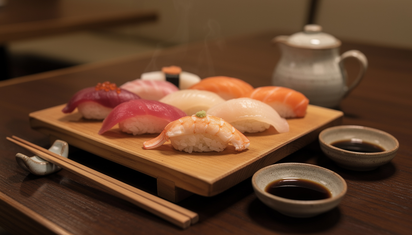 A wooden board of assorted nigiri sushi beside small ceramic sauce dishes, lit by warm low light